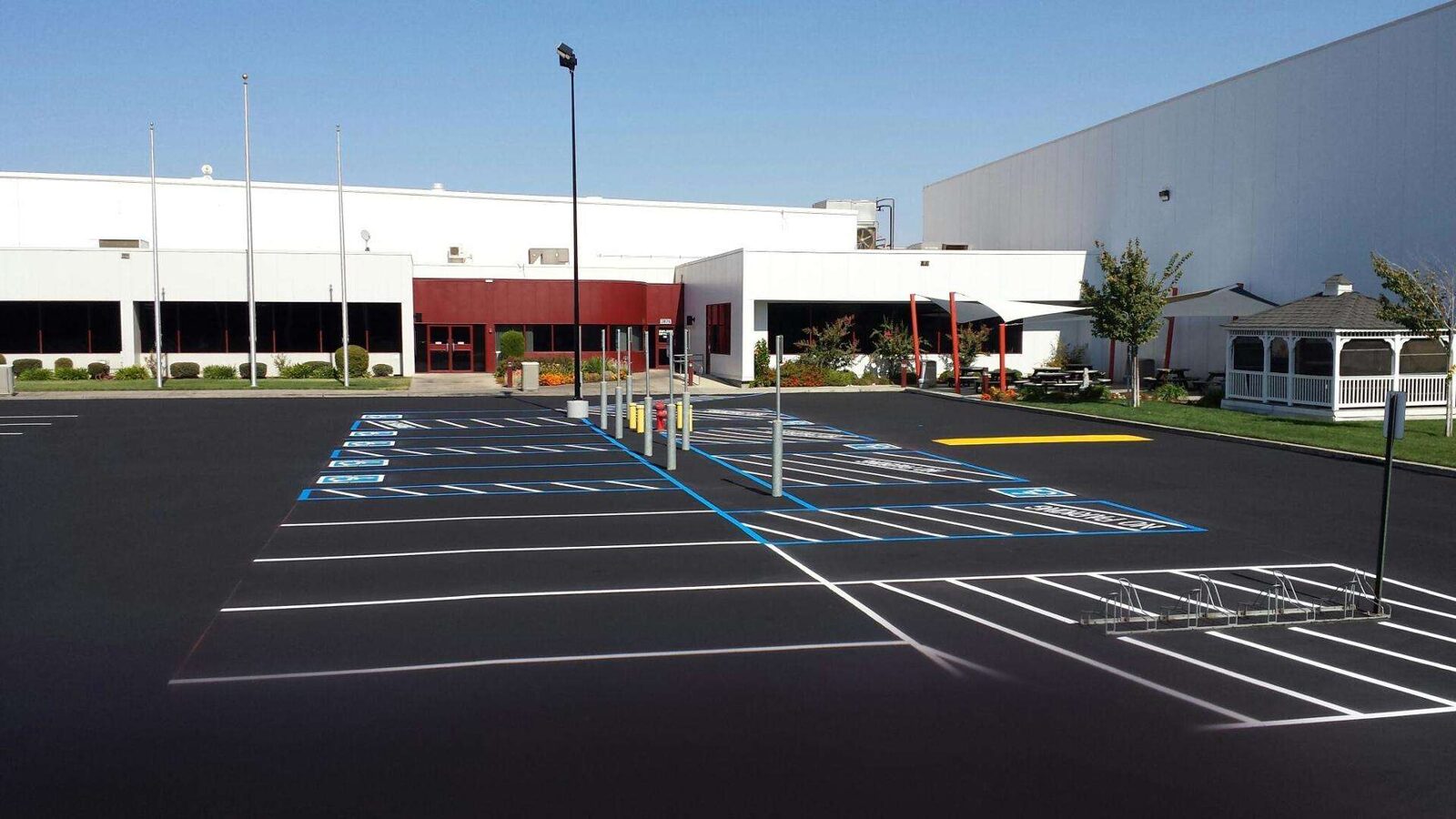 Freshly striped commercial parking lot.
